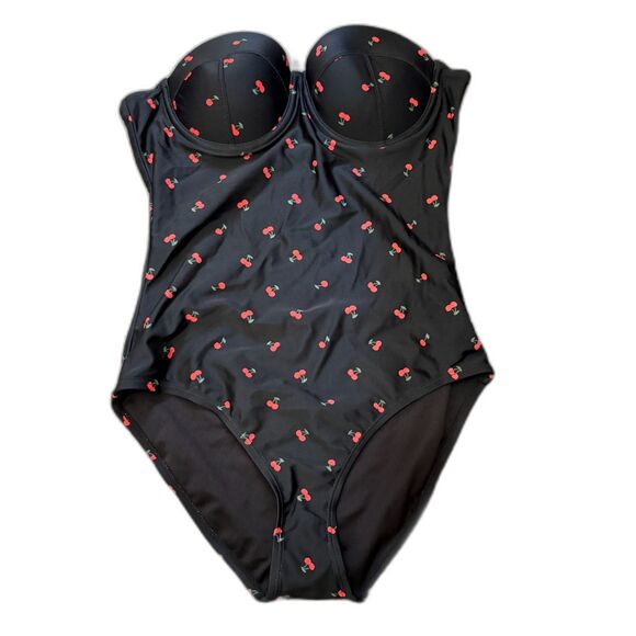 GAP Molded Bandeau Strapless Swimsuit Black Cherry Print One Piece Size Small - Picture 1 of 8